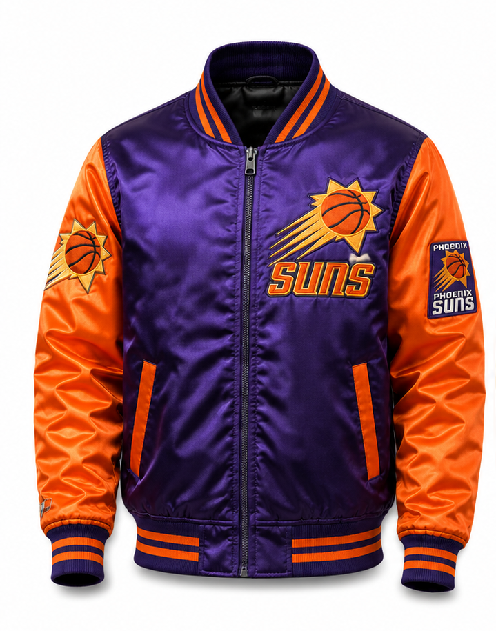 A Phoenix Suns satin bomber jacket with a purple body and orange sleeves, featuring the team logo on the chest and sleeve patches.