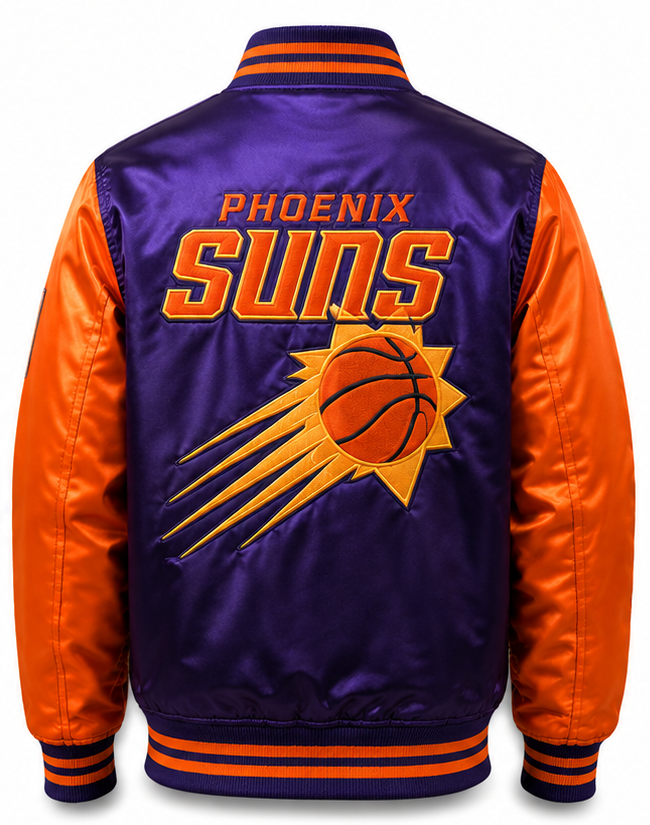 Phoenix Suns satin bomber jacket shown from the back, featuring a purple body, orange sleeves, and a large embroidered Phoenix Suns logo on the back.