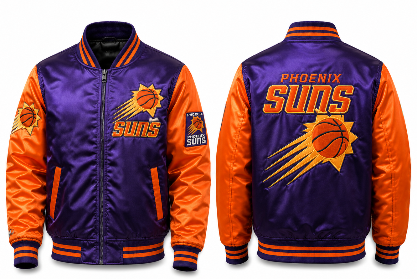 Front and back views of a Phoenix Suns satin varsity-style bomber jacket. The jacket features a purple body and sleeves with bright orange sleeves, collar, and trim, decorated with the team logo and 'PHOENIX SUNS' text.