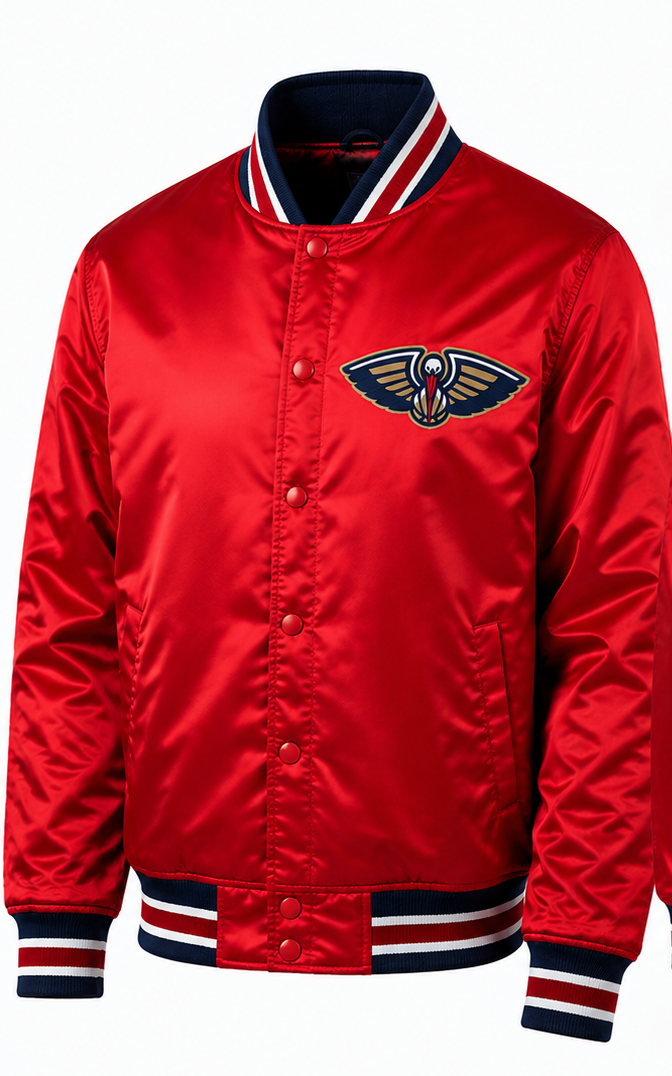 A red satin bomber jacket featuring the New Orleans Pelicans logo on the left chest, with navy and white striped ribbed collar, cuffs, and hem.