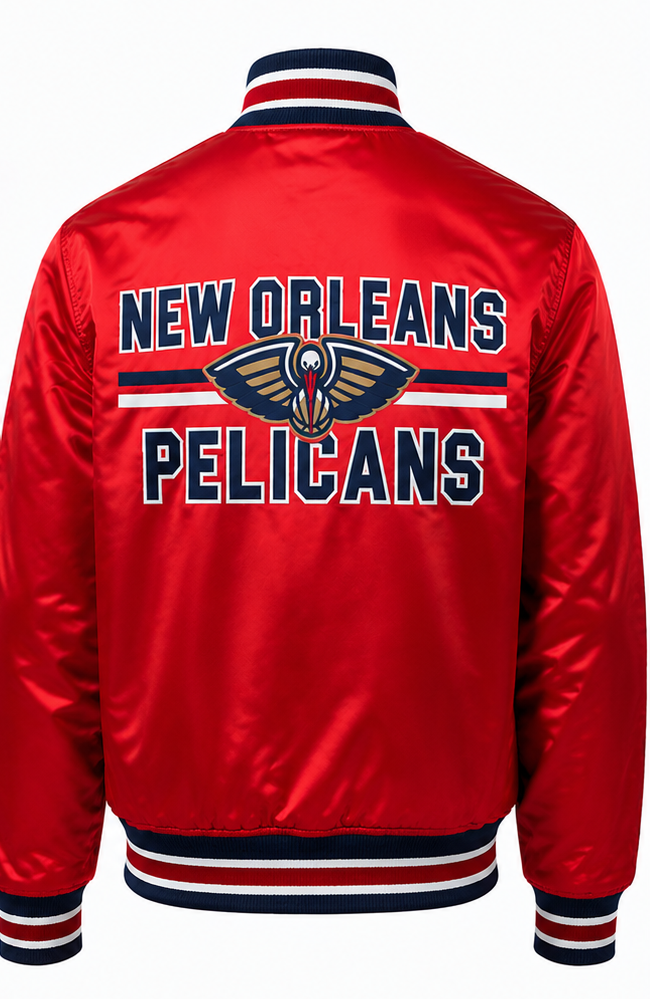 The back of a red satin New Orleans Pelicans varsity jacket, featuring embroidered lettering and the team logo, on a white background.