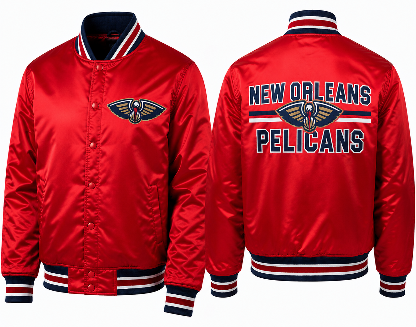A red satin New Orleans Pelicans varsity jacket shown from both the front and back. The front features the team logo on the left chest, while the back displays 'NEW ORLEANS PELICANS' in navy and white lettering with the team logo in the center.
