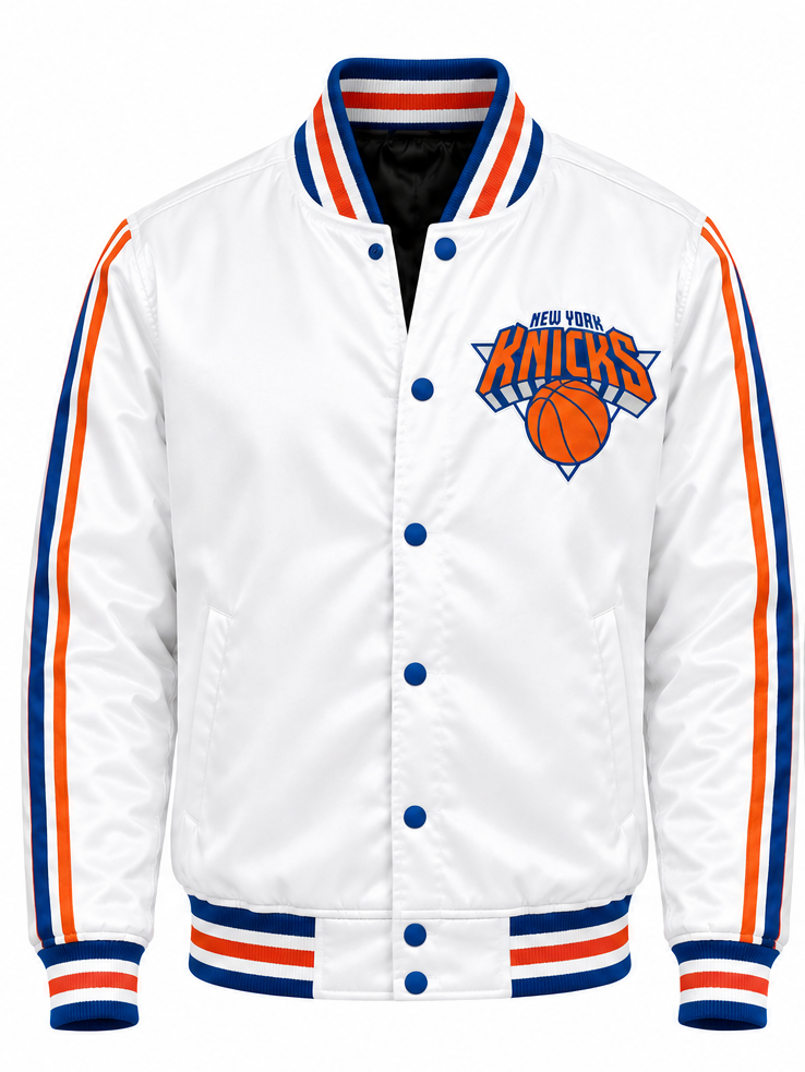 White New York Knicks varsity jacket with blue and orange stripes on the sleeves and ribbed collar, cuffs, and hem, featuring the team logo on the left chest.