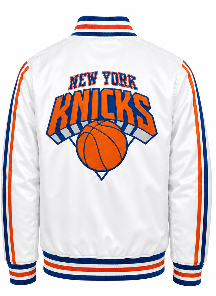White New York Knicks satin jacket shown from the back, featuring a large orange and blue team logo with a basketball graphic on the back and striped ribbed collar, cuffs, and hem.
