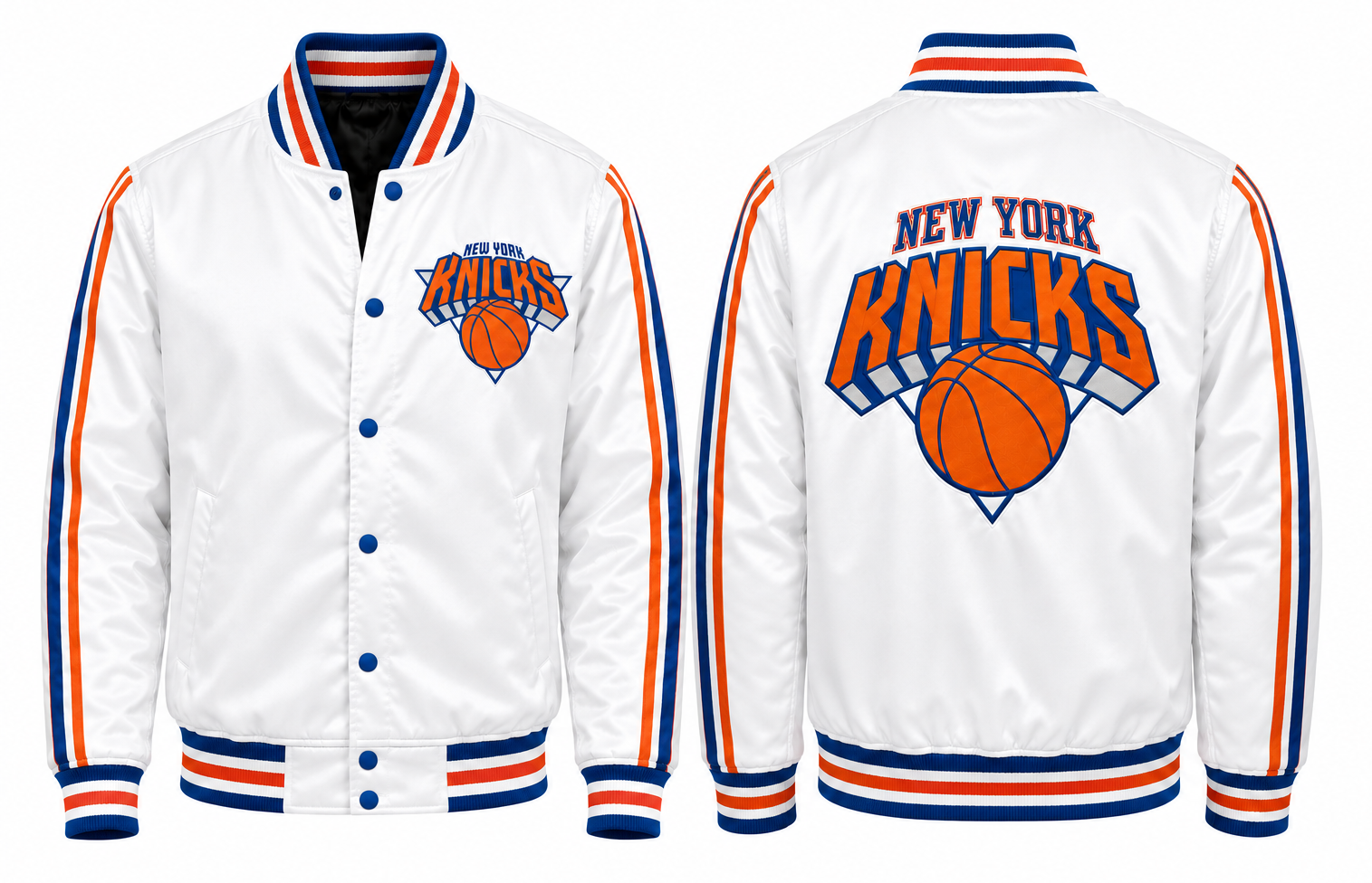 White New York Knicks satin bomber jacket shown from the front and back, featuring orange and navy blue stripes on the sleeves and ribbing, with the Knicks logo on the front chest and back.