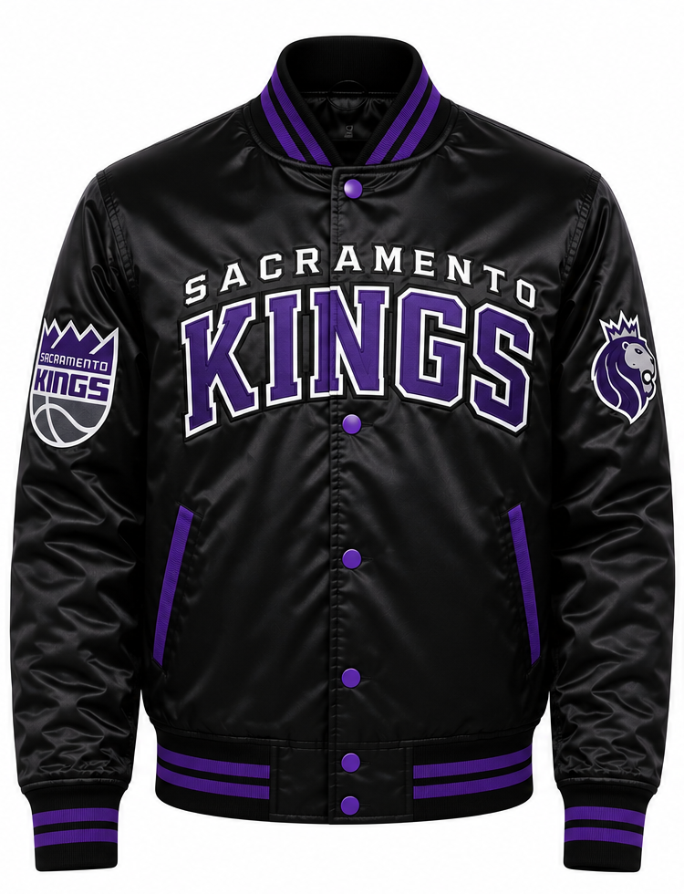 A black satin varsity-style jacket with purple and white Sacramento Kings graphics, featuring a button-up front, ribbed collar, cuffs, and hem, and team logos on both sleeves.