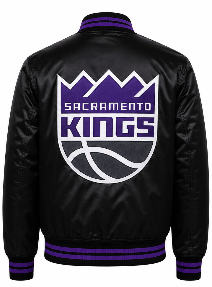 Black satin bomber jacket with Sacramento Kings logo on the back, featuring purple and white colors with purple ribbed trim.