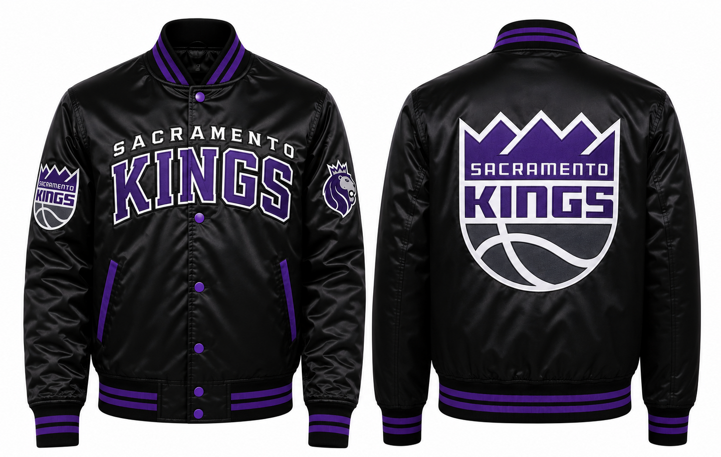 Black satin Sacramento Kings varsity jacket shown from the front and back, featuring purple and white team colors and the Sacramento Kings logo.