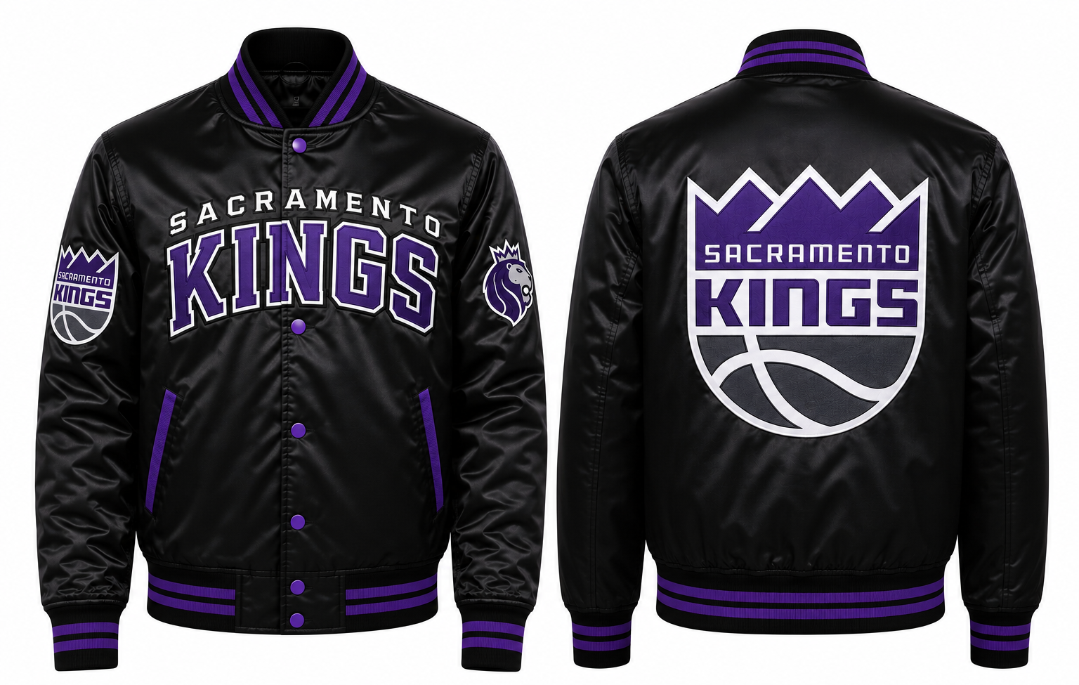 Black satin Sacramento Kings varsity jacket shown from the front and back, featuring purple and white team colors and the Sacramento Kings logo.