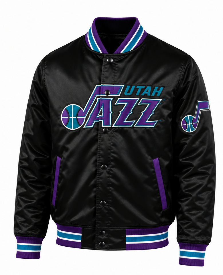 A black satin Utah Jazz varsity jacket with purple and light blue accents, featuring the Utah Jazz logo on the chest and a music note patch on the sleeve.