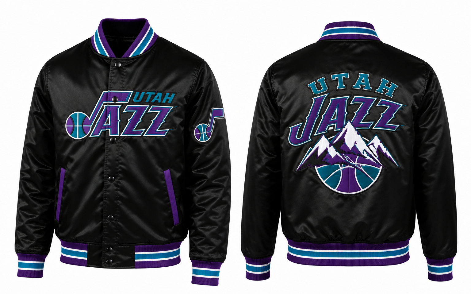 Black satin Utah Jazz varsity jacket shown from the front and back, featuring purple and teal logo embroidery and a striped ribbed collar, cuffs, and hem.