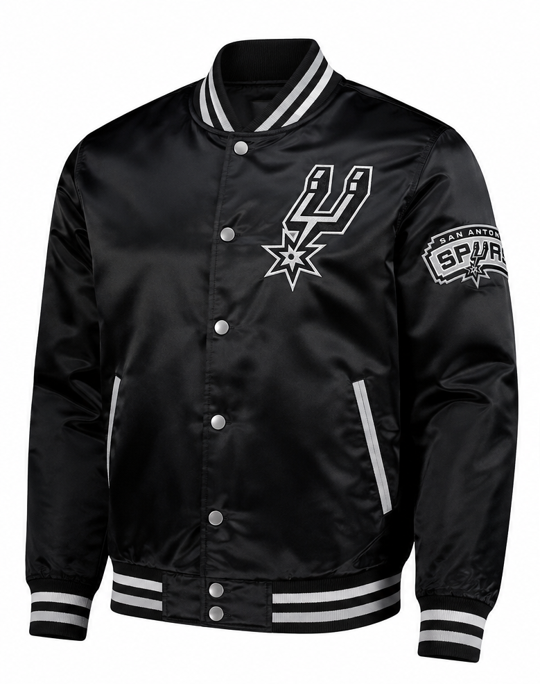 A black satin varsity jacket featuring the San Antonio Spurs logo on the left chest and a sleeve patch, with white and gray striped ribbed collar, cuffs, and hem.
