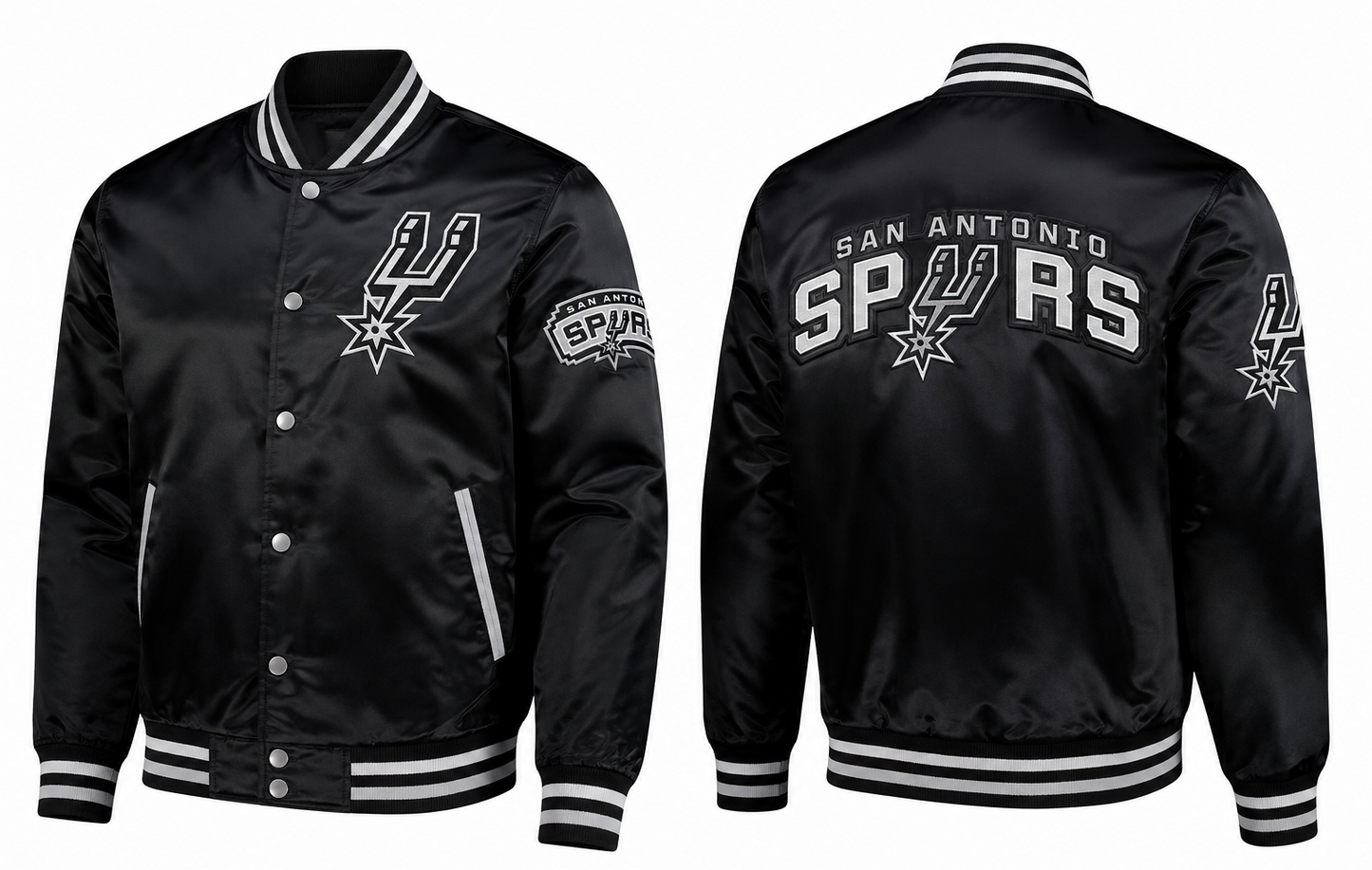 Black San Antonio Spurs varsity jacket shown from both front and back views, featuring white embroidered lettering and logos, striped ribbed collar, cuffs, and hem, and snap-button front closure.
