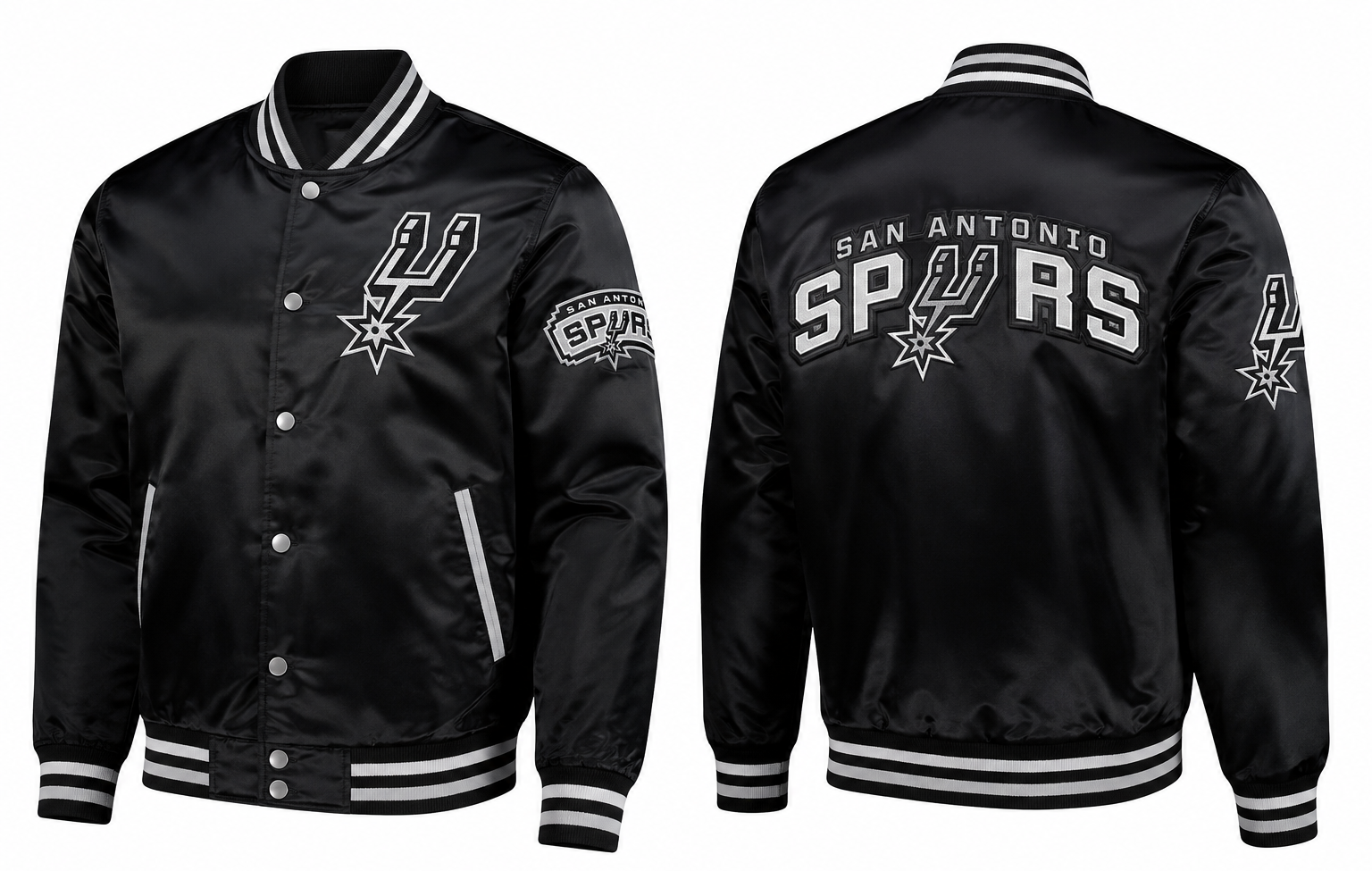 Black San Antonio Spurs varsity jacket shown from both front and back views, featuring white embroidered lettering and logos, striped ribbed collar, cuffs, and hem, and snap-button front closure.