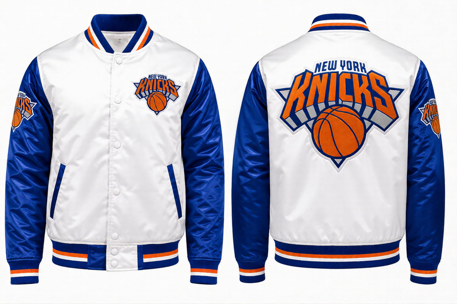 Front and back views of a New York Knicks varsity-style satin jacket. The jacket has a white body, royal blue sleeves and trim, and orange accents in the logos and stripes.