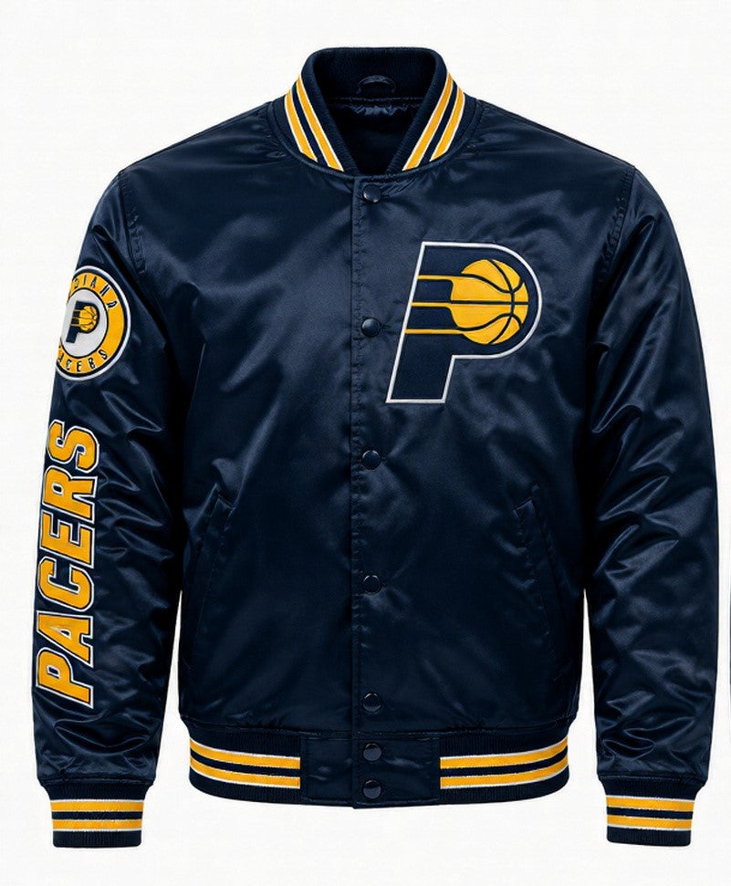 A navy blue satin varsity jacket with yellow and white stripes on the collar, cuffs, and hem, featuring the Indiana Pacers logo on the left chest and 'PACERS' on the right sleeve.