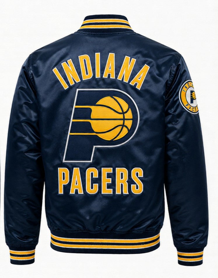 A navy blue satin jacket shown from the back, featuring 'INDIANA PACERS' and the team logo in yellow and white. The jacket has yellow and navy striped ribbed collar, cuffs, and hem, and a circular patch on the left sleeve.