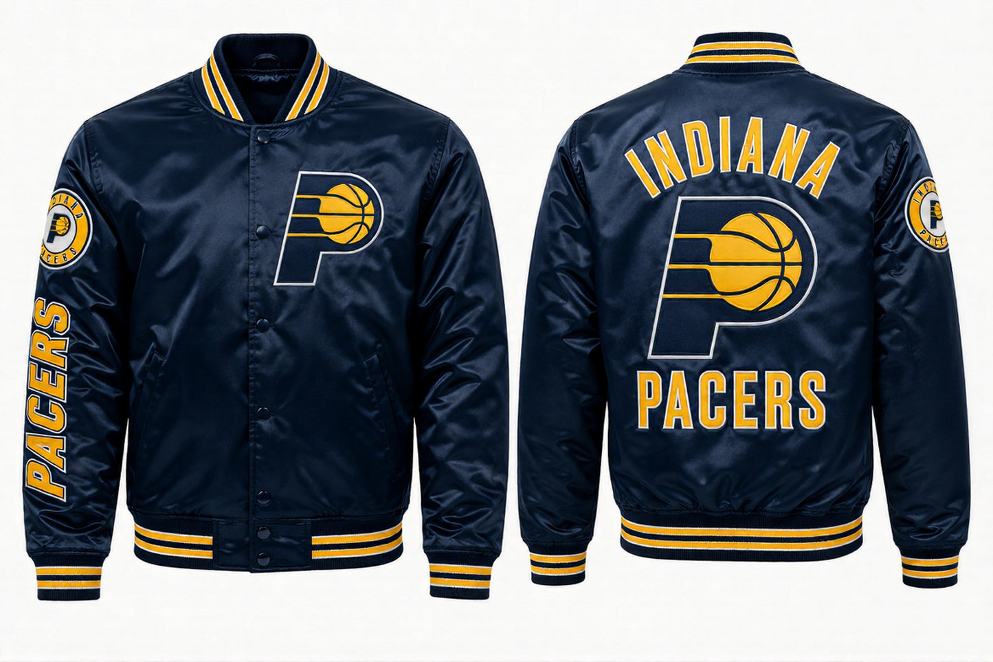 Front and back views of a navy blue satin varsity jacket with gold and white accents, featuring the Indiana Pacers logo and lettering.