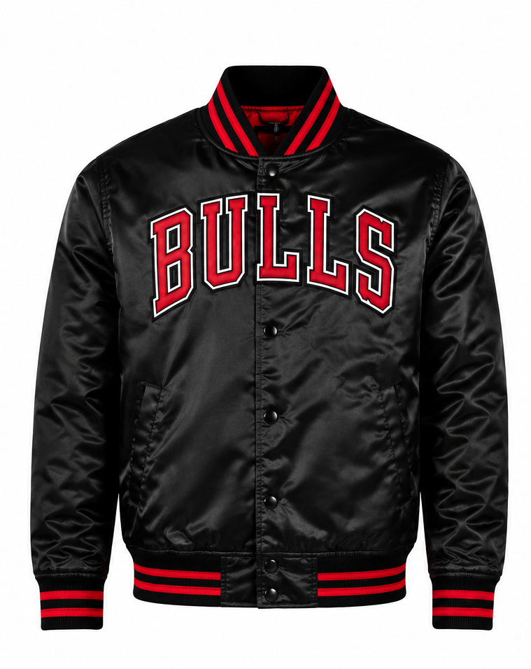A black satin varsity jacket featuring 'BULLS' embroidered in red and white block letters across the chest, with red and black striped ribbed collar, cuffs, and hem.