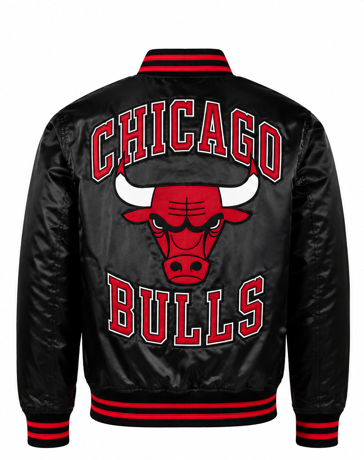 Chicago Bulls satin bomber jacket shown from the back, featuring a large red bull logo and 'CHICAGO BULLS' text in red and white on a black background, with red and black striped ribbed collar, cuffs, and hem.