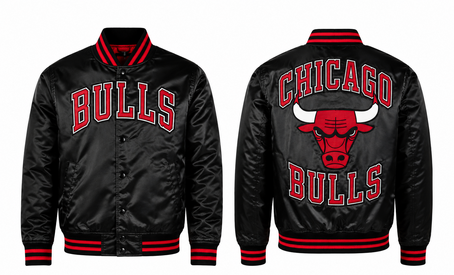 Black Chicago Bulls satin varsity jacket shown from the front and back, featuring red and white lettering and the team logo.