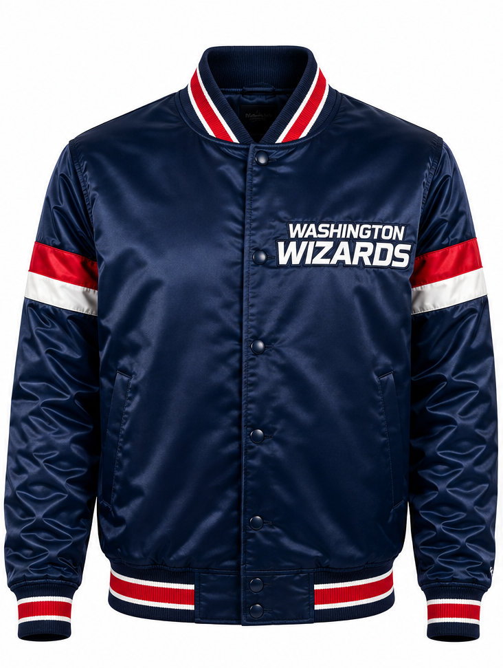 A navy blue satin bomber jacket with 'WASHINGTON WIZARDS' printed in white on the chest, featuring red and white striped ribbed collar, cuffs, and hem, and red and white sleeve stripes.