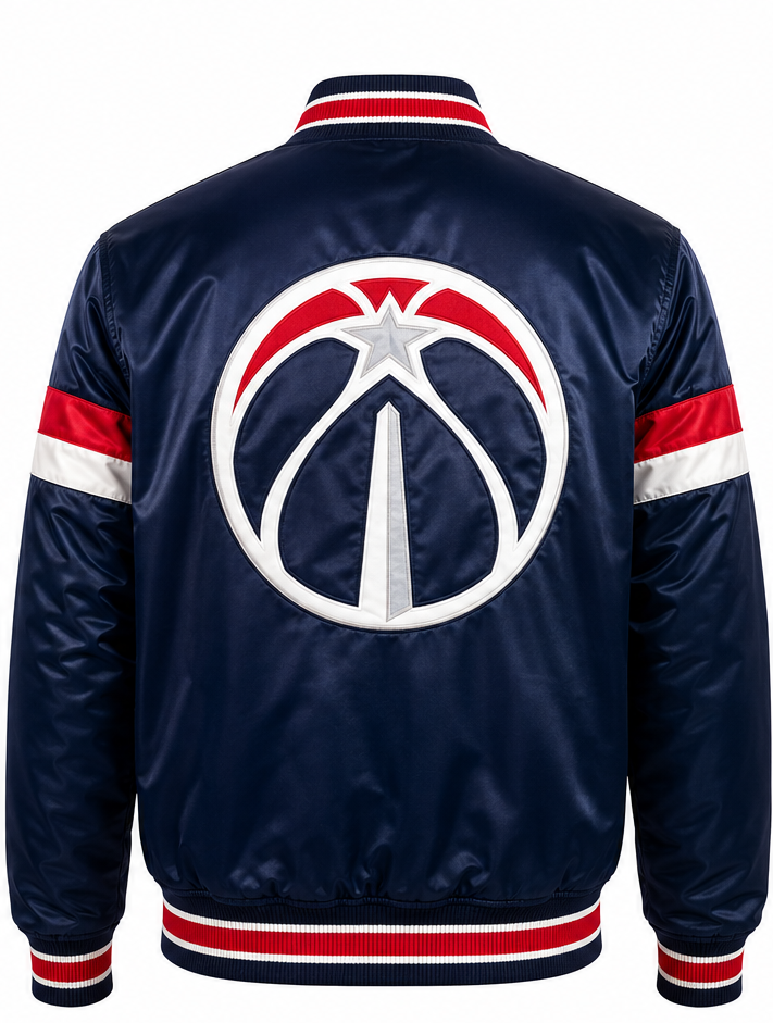 A navy blue satin bomber jacket shown from the back, featuring the Washington Wizards basketball logo in white and red on the back, with red and white striped ribbed collar, cuffs, and hem.
