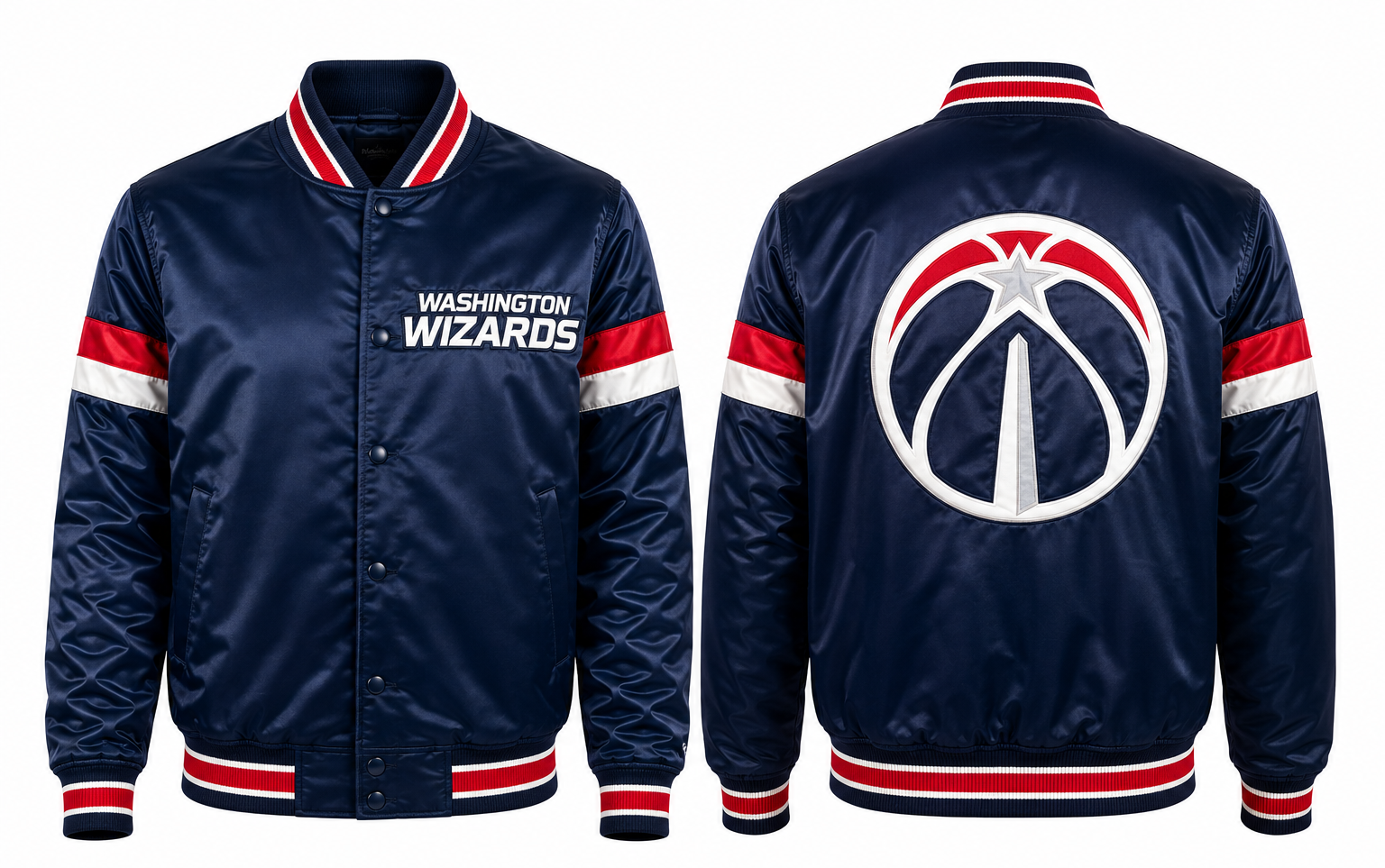 Front and back views of a navy blue Washington Wizards satin bomber jacket with red and white stripes and team logos.