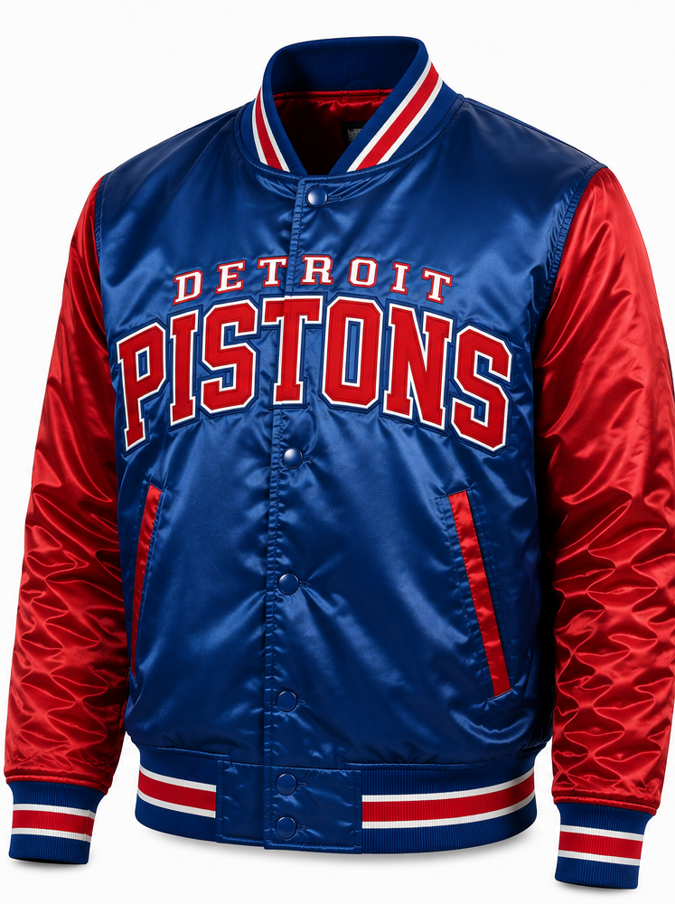 Detroit Pistons satin bomber jacket in blue and red with white trim, featuring 'DETROIT PISTONS' text on the chest.