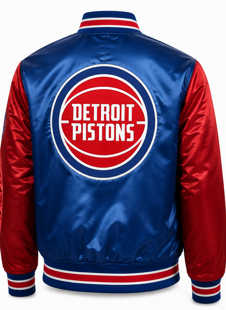 Detroit Pistons satin bomber jacket shown from the back, featuring a large red, white, and blue team logo on the back with red sleeves and striped ribbed collar, cuffs, and hem.