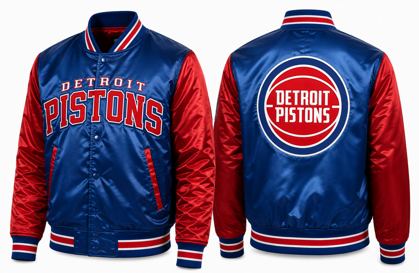 Detroit Pistons satin bomber jacket shown from the front and back, featuring a blue body, red sleeves, and red, white, and blue striped ribbed trim.