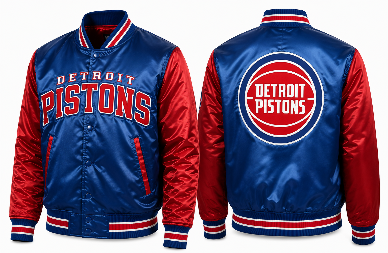 Detroit Pistons satin bomber jacket shown from the front and back, featuring a blue body, red sleeves, and red, white, and blue striped ribbed trim.