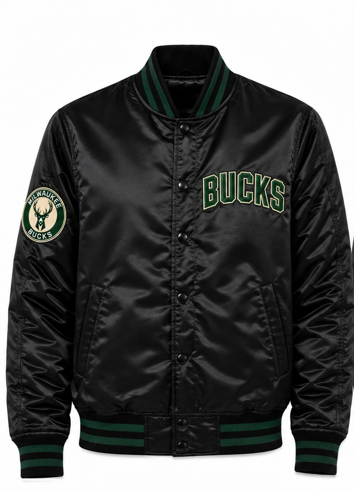 A black satin bomber jacket featuring green and white embroidered details, including 'BUCKS' on the chest and a Milwaukee Bucks logo patch on the sleeve.