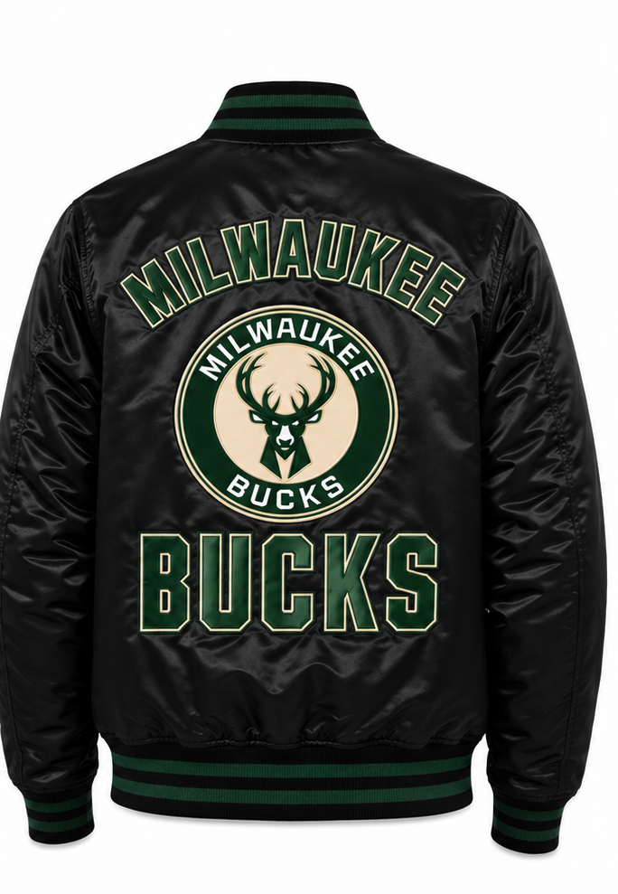 Black satin bomber jacket shown from the back, featuring green and beige Milwaukee Bucks graphics with the team logo and text.