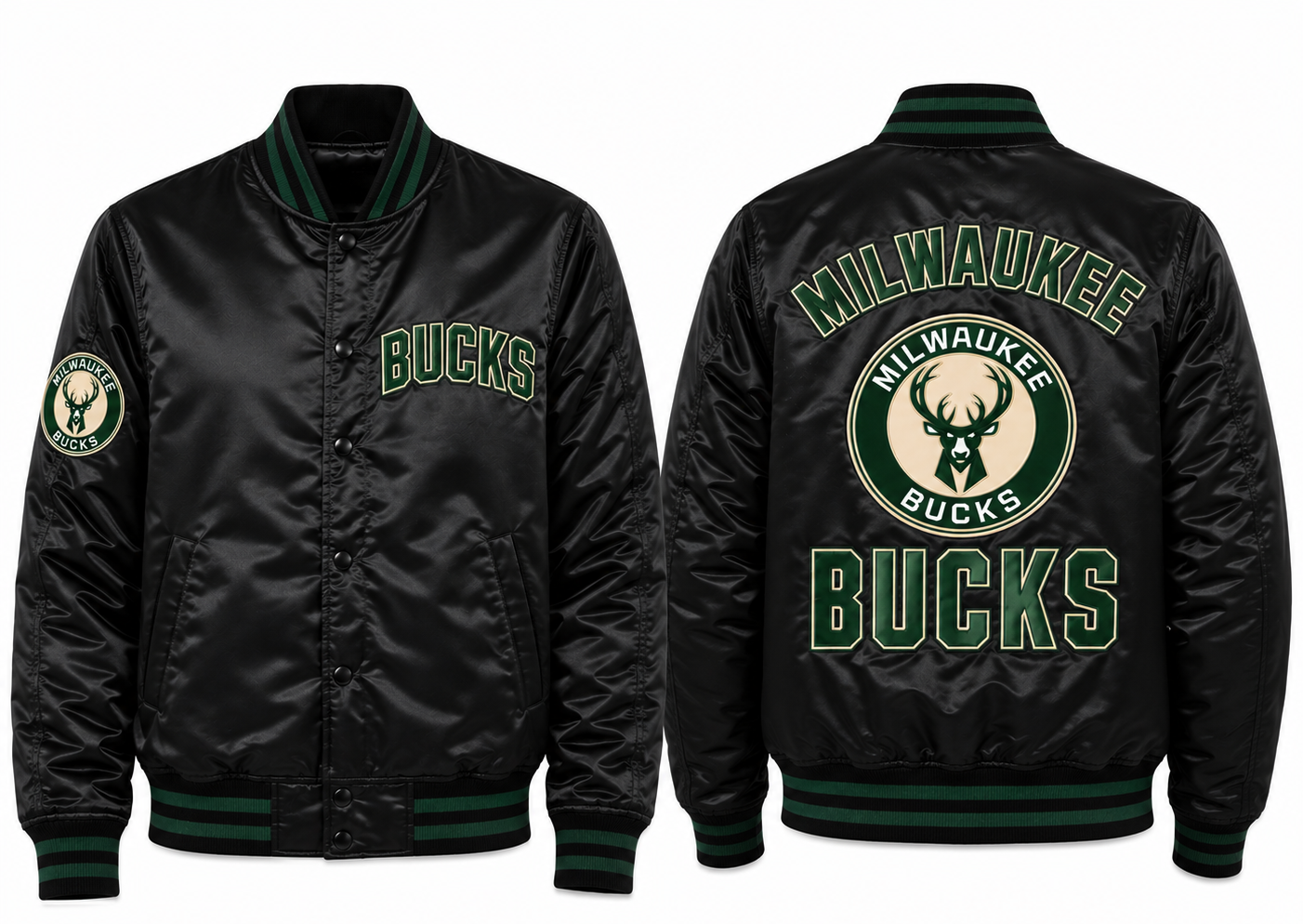 Black Milwaukee Bucks satin bomber jacket shown from the front and back, featuring green and white team graphics and lettering.