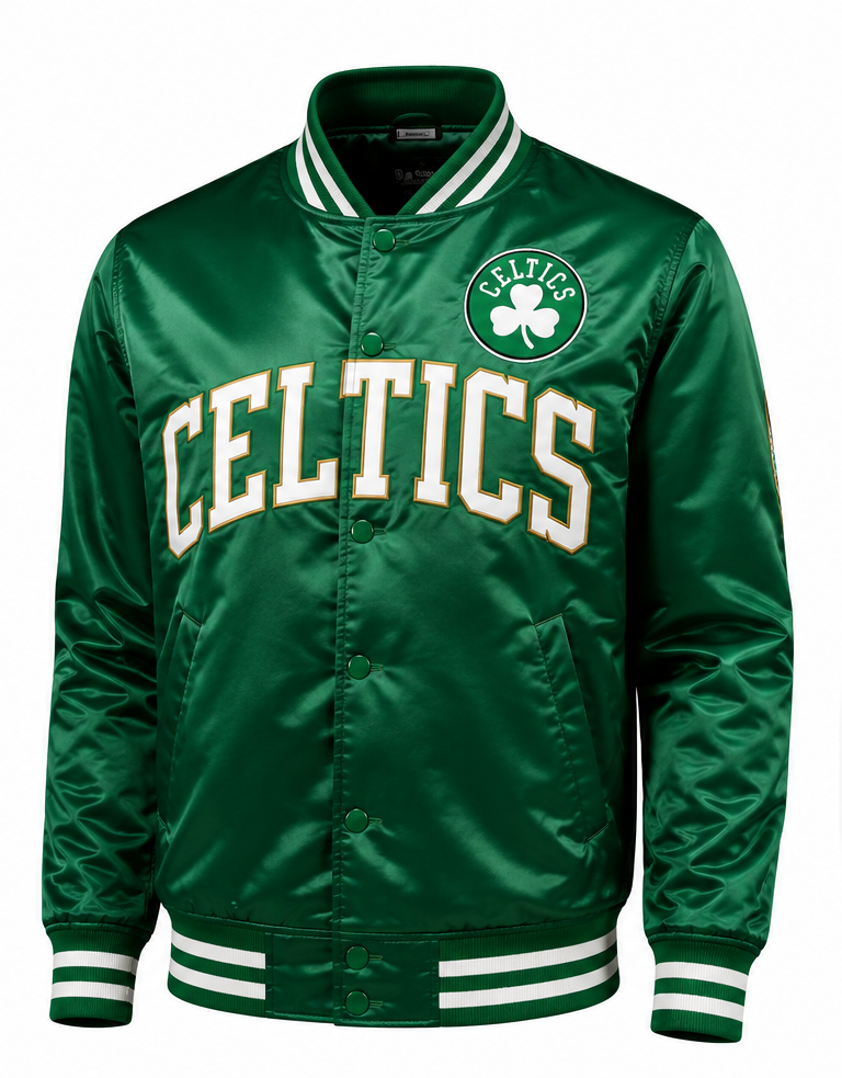 A green Boston Celtics satin varsity jacket with white and green striped ribbed collar, cuffs, and hem. The front features 'CELTICS' in arched white letters with a gold outline, and the circular Celtics logo is embroidered on the left chest.