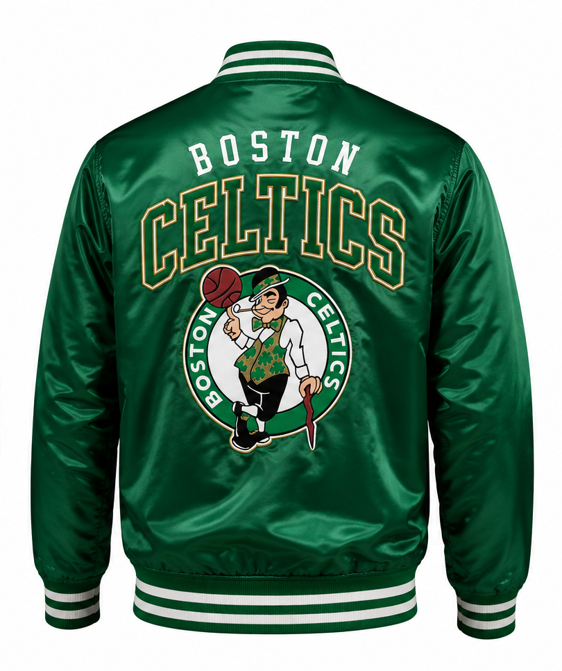 A green Boston Celtics satin jacket shown from the back, featuring large 'BOSTON CELTICS' lettering and the team logo in white, green, and gold.