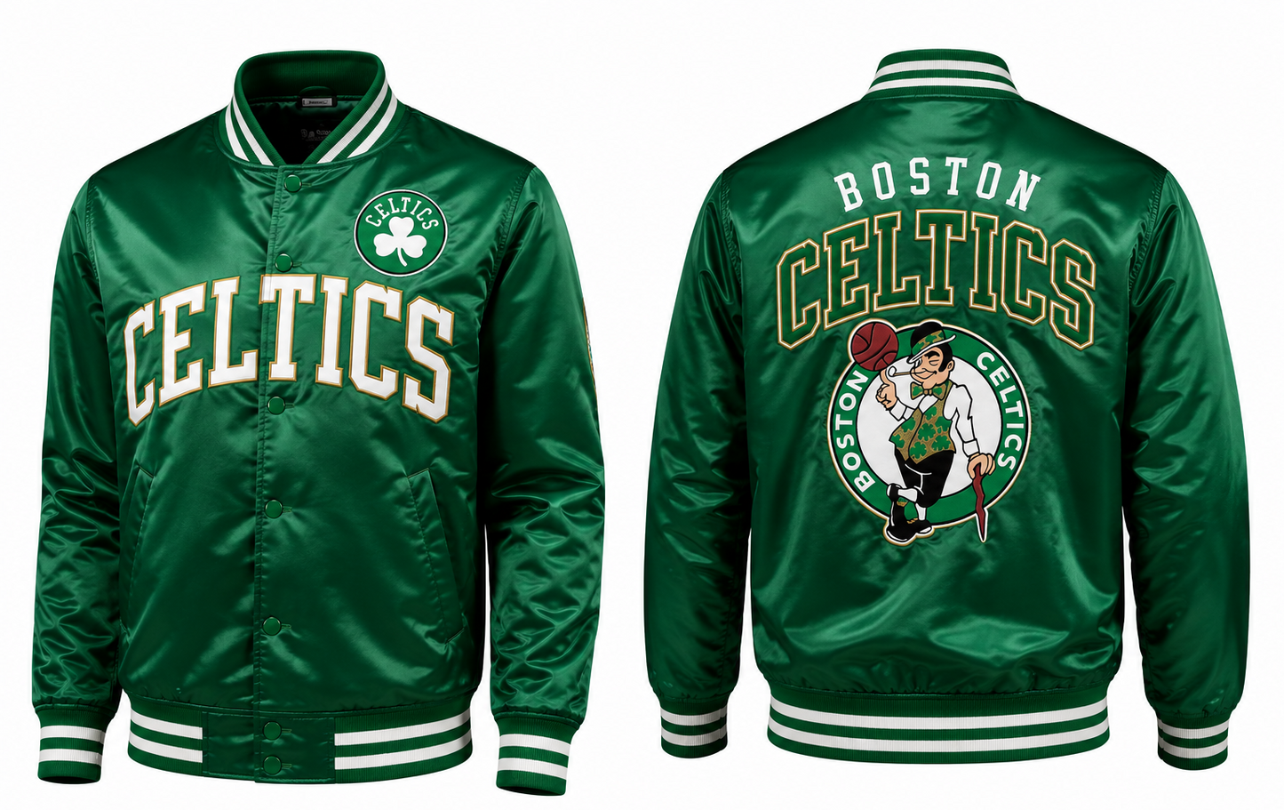 A green Boston Celtics satin jacket shown from both the front and back. The front features 'CELTICS' in large white letters with a green shamrock logo on the chest.