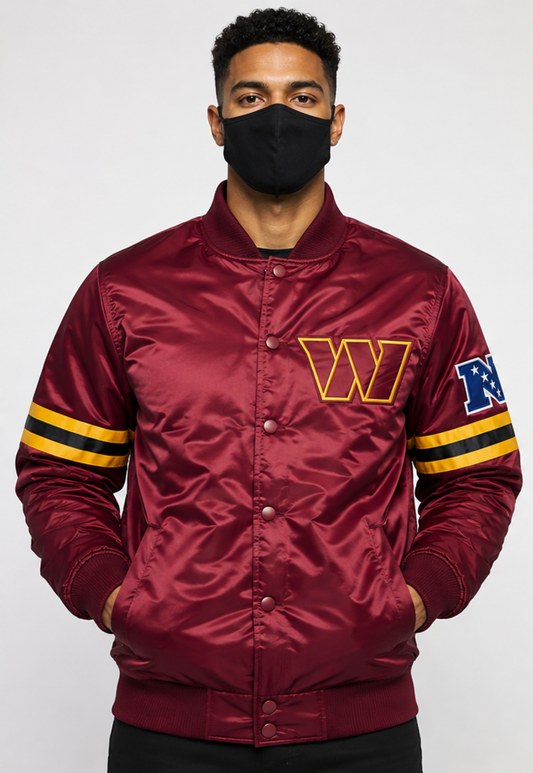 Person wearing a maroon satin jacket, Washington Commanders with logos on a white background