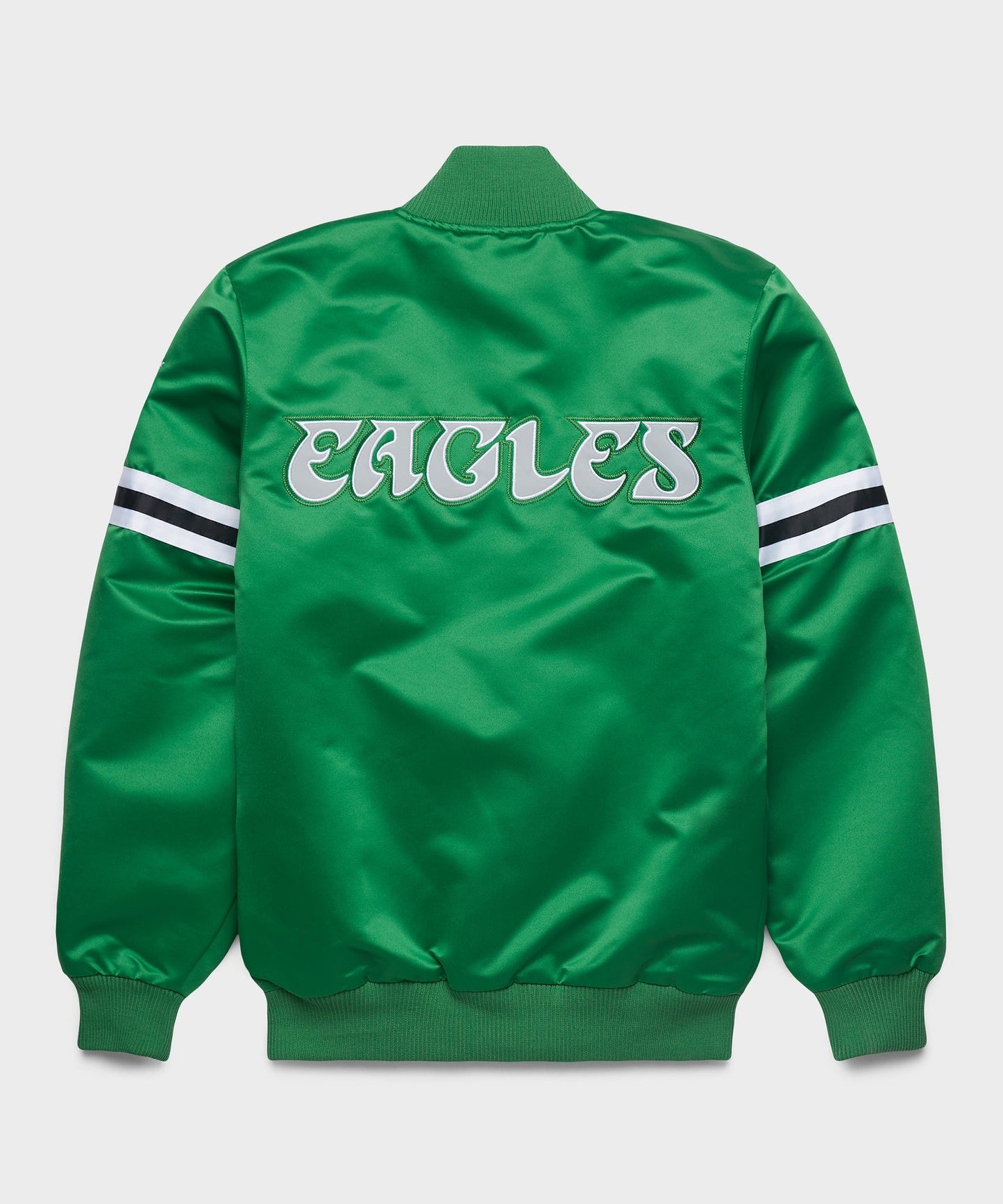 Philadelphia Eagles Green jacket with 'EAGLES' text on the back against a light gray background
