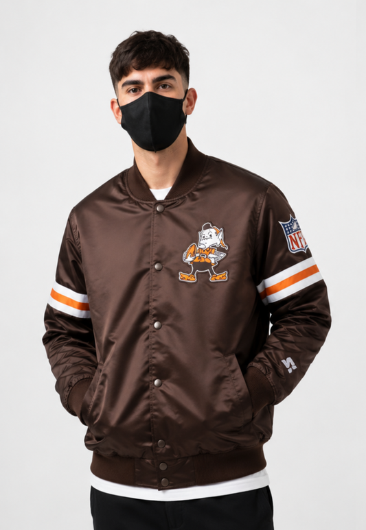 Person wearing a Cleveland Browns
brown jacket with a cartoon character design on a white background