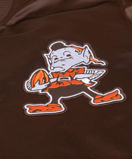 Cleveland Browns Embroidered logo of a cartoon character holding a football on a brown background