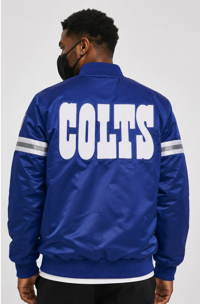 Person wearing an Indianapolis Colts  blue jacket with 'COLTS' printed on the back against a white background