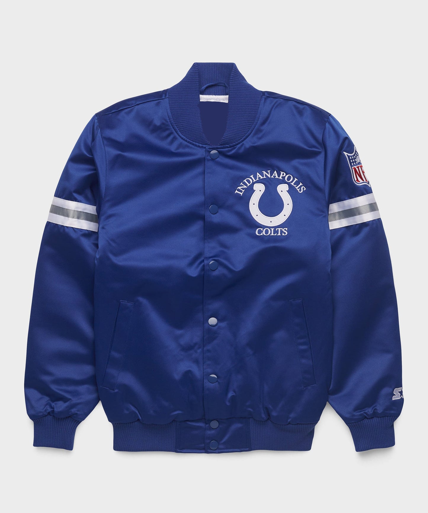 Indianapolis Colts Blue jacket with the Indianapolis Colts logo on a light gray background