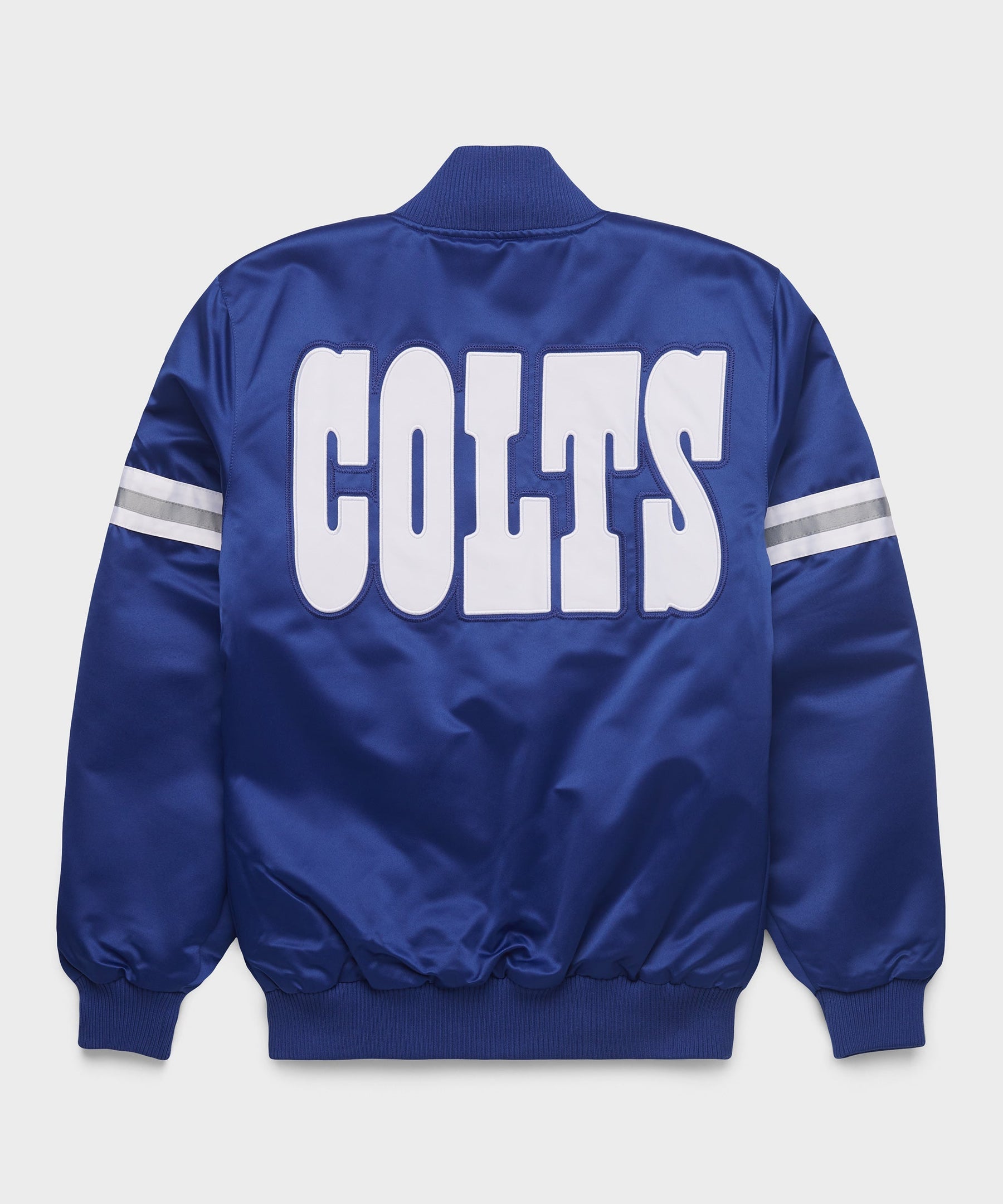 Indianapolis Colts Blue jacket with 'COLTS' printed on the back against a light gray background