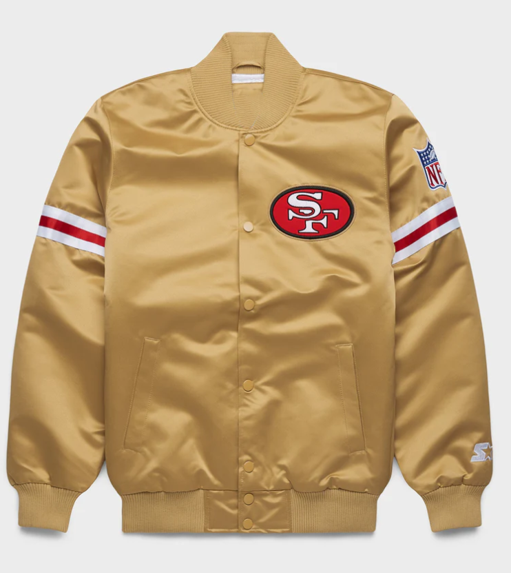 Gold jacket with the San Francisco 49ers logo on a white background