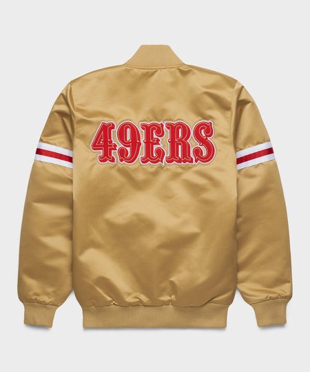 San Francisco 49ers Gold jacket with '49ERS' text on the back against a white background