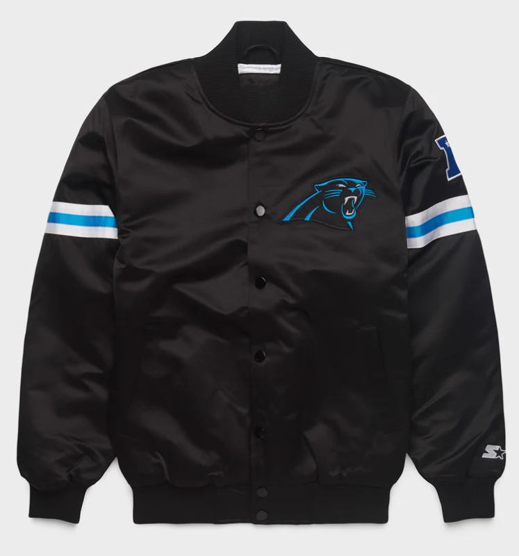 Black jacket with the Carolina Panthers logo on a white background