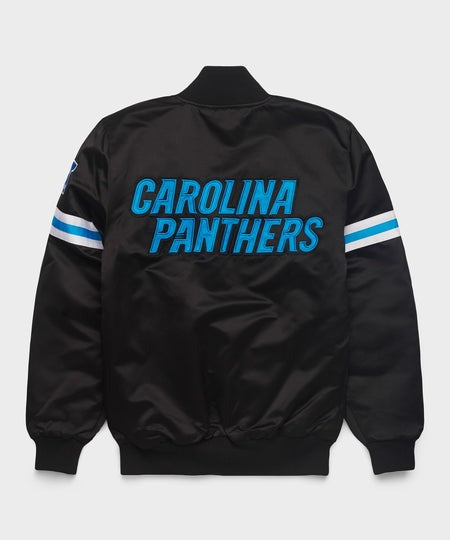Black Carolina Panthers jacket with blue text on a white background