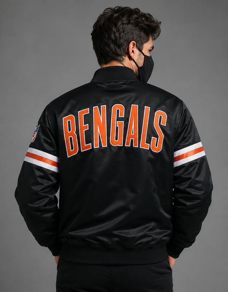 Person wearing a black Cincinnati Bengals 'Bengals' jacket with orange lettering on a gray background